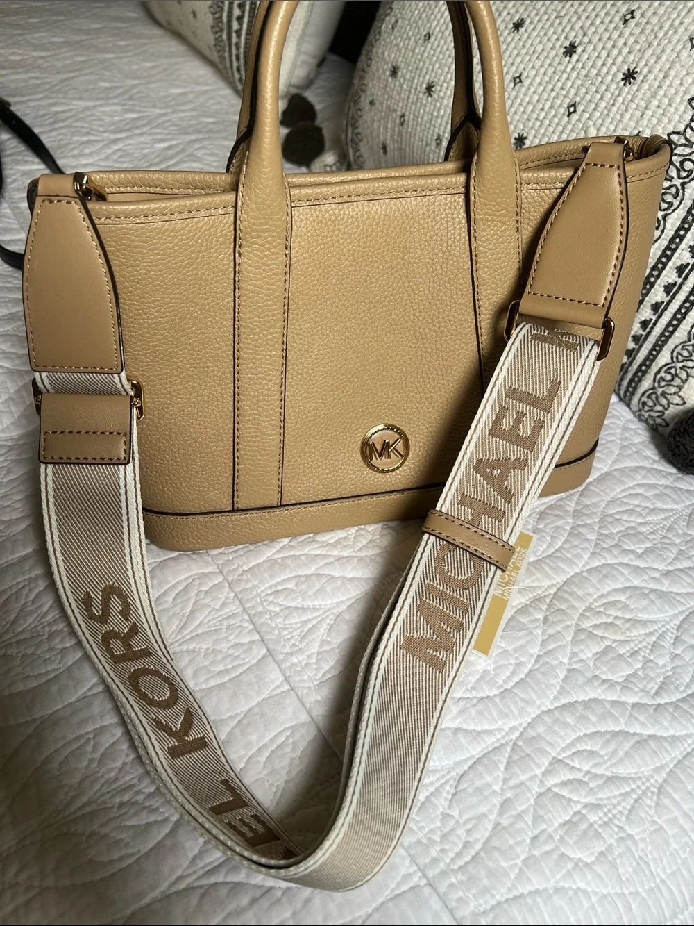 MICHAEL Michael Kors Tan Pebbled Leather Satchel with Branded Strap